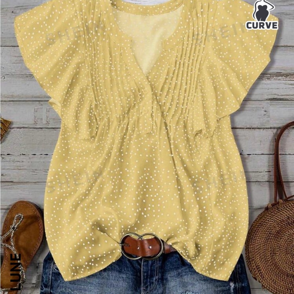 SHEIN LUNE Plus Size Casual Polka Dot Print Notched Neck Bell Sleeve Blouse